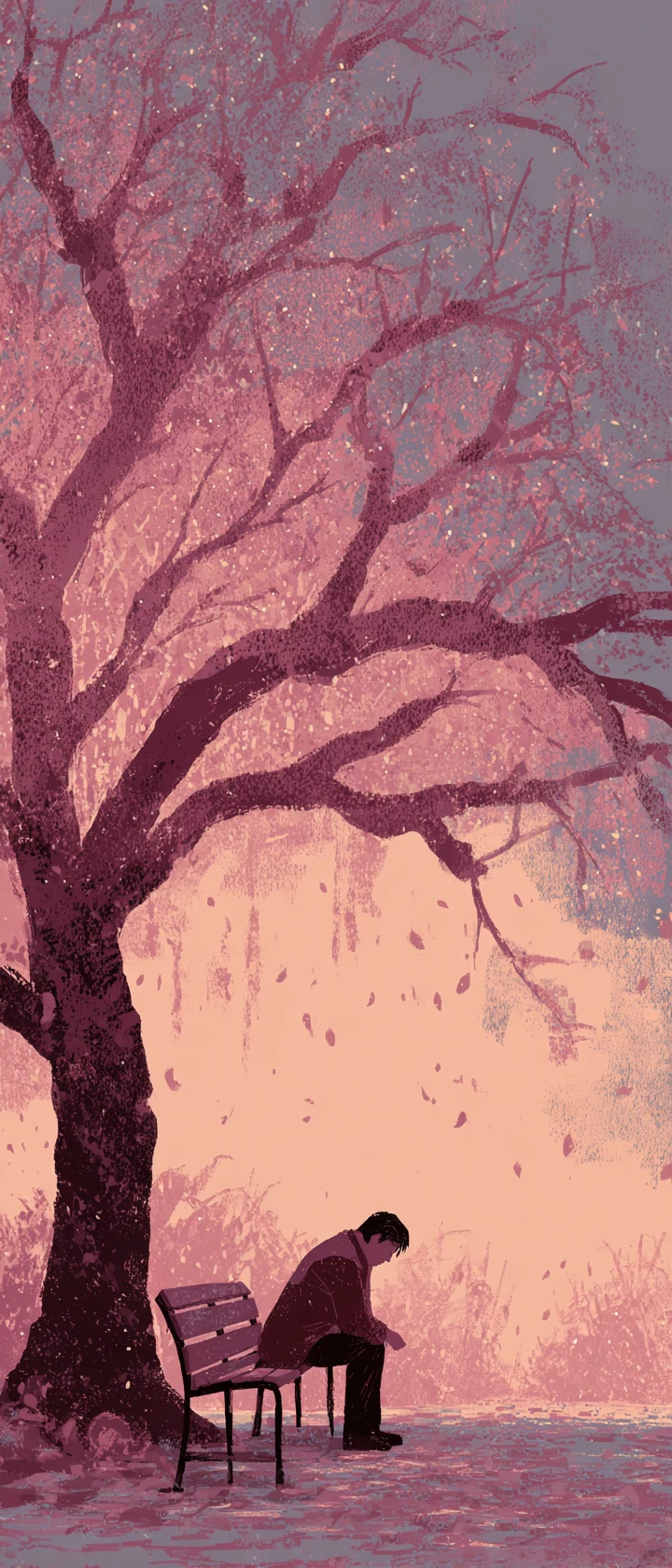 Solitary figure curled on a park bench under bare tree