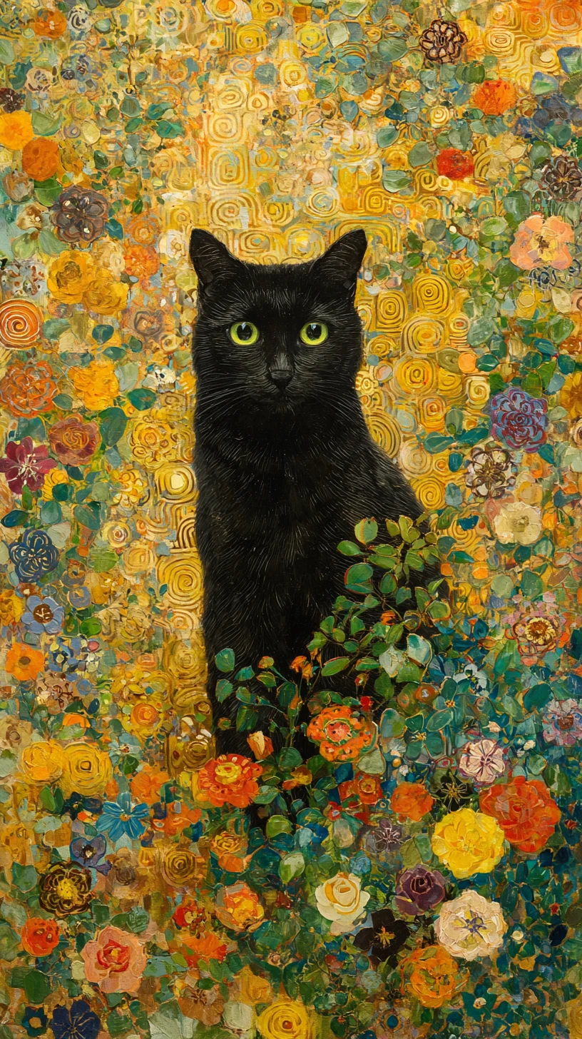 Schwarze Katze ruht in einem bunten Blumengarten-Gemälde