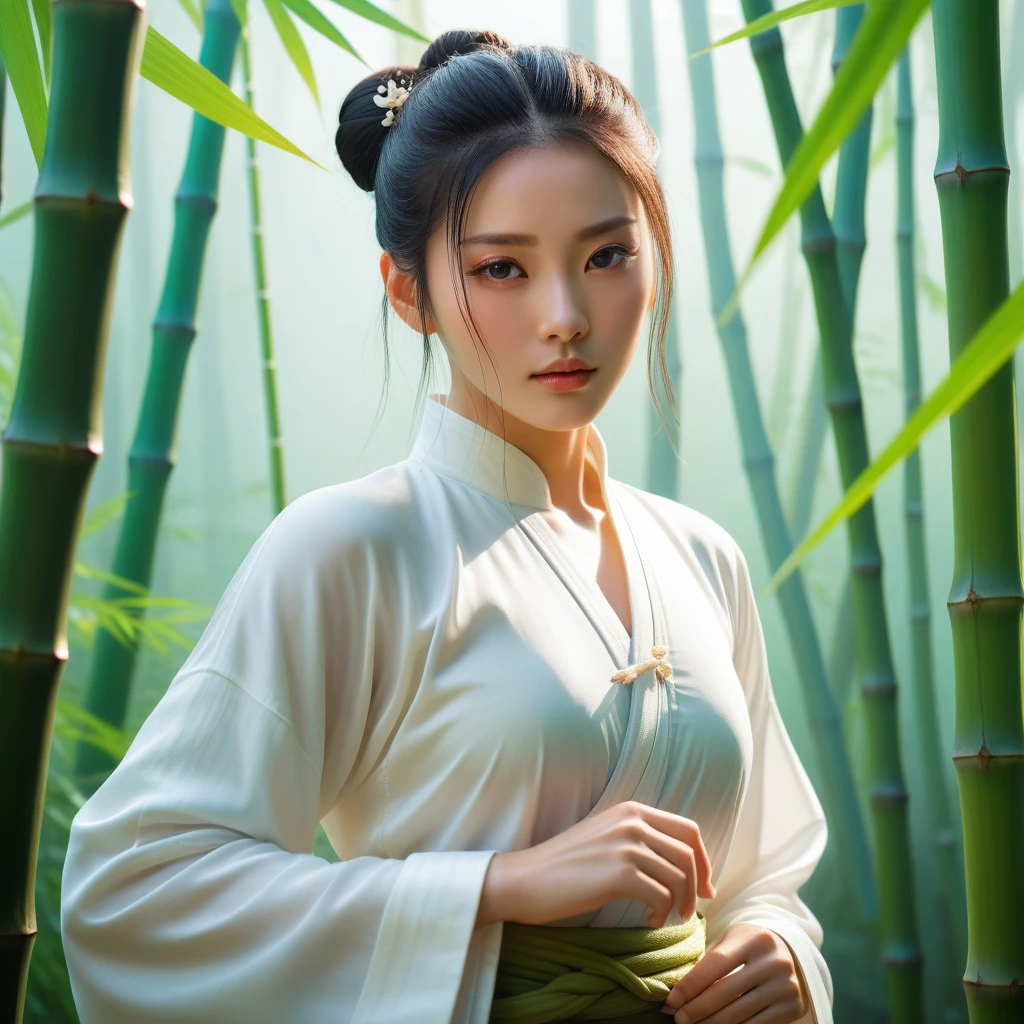 Serene Xianxia woman in white silk tai chi pose