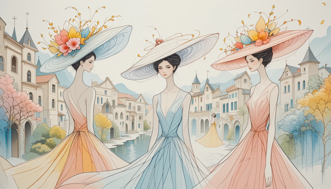 Donne eleganti con cappelli pastello in una scena di villaggio da sogno