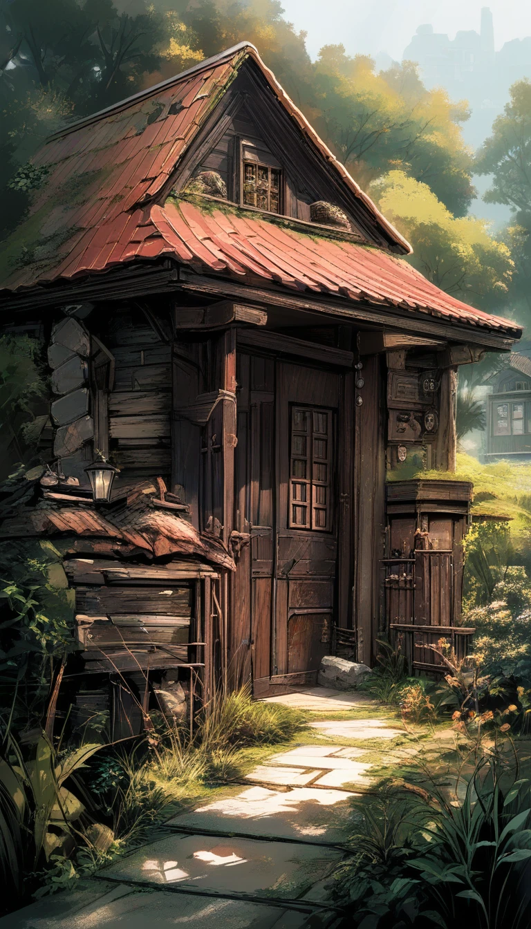 Old stone cottage with gothic door in wild garden