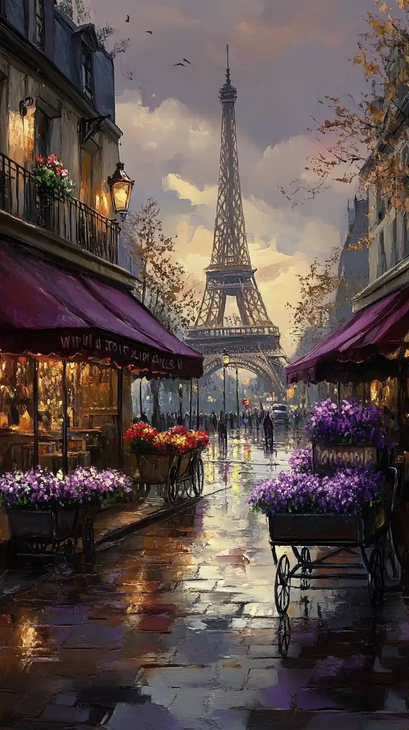 Rua romântica de Paris com Torre Eiffel e carrinhos de flores roxas