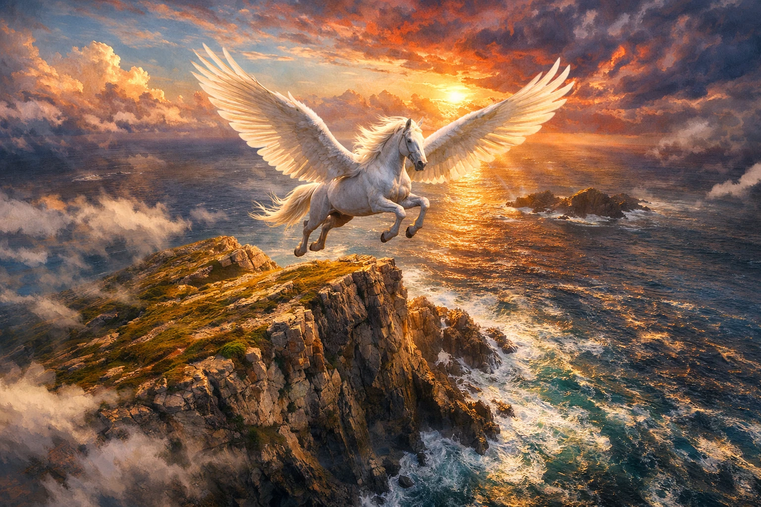 White pegasus soaring above a dramatic ocean cliff