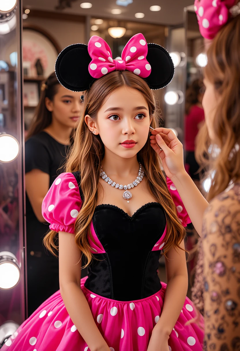 Junge im pinken Minnie-Kleid im Boutique-Schminkraum