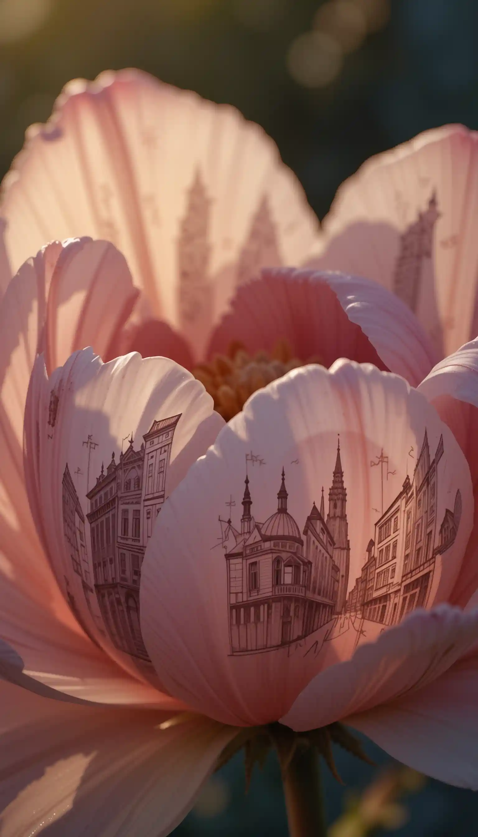 Primo piano di un fiore in piena fioritura con nostalgici schizzi di città sui petali