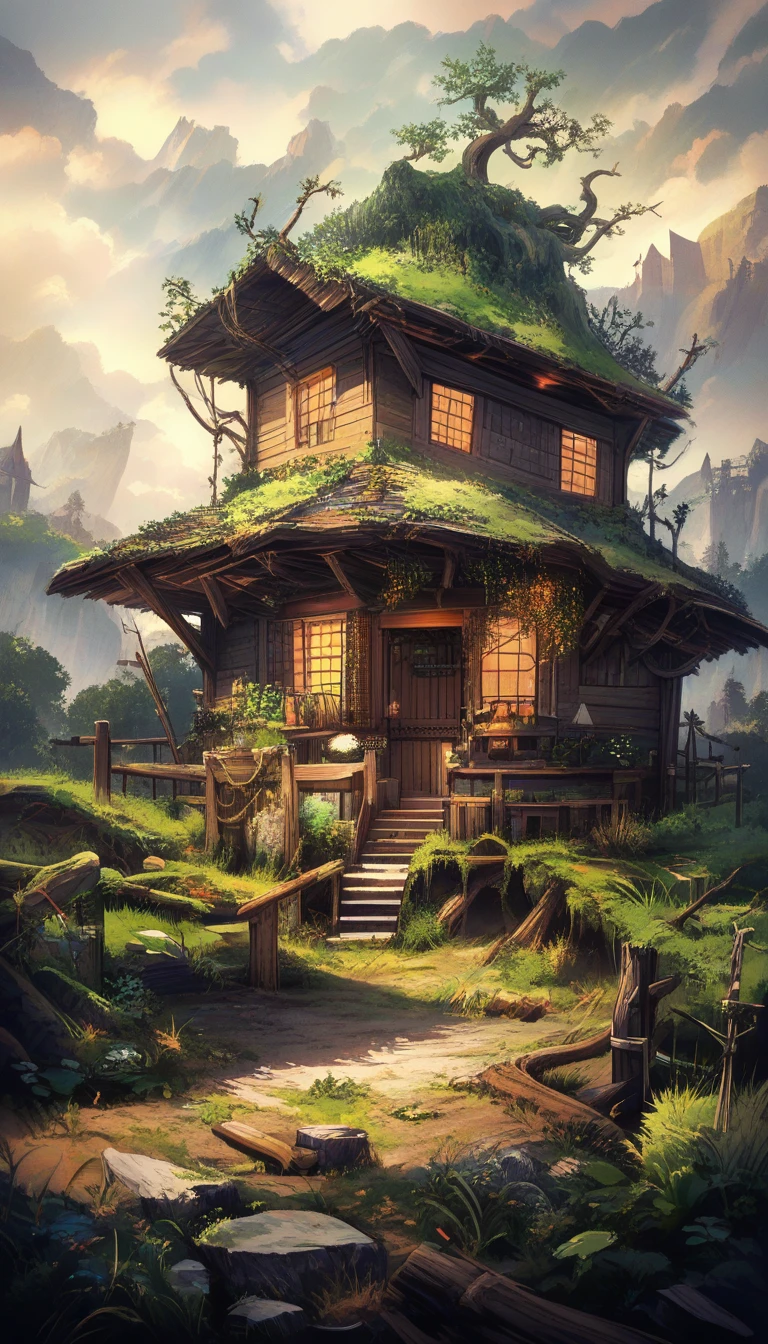 夜の暗く生い茂った庭に佇む古い小屋