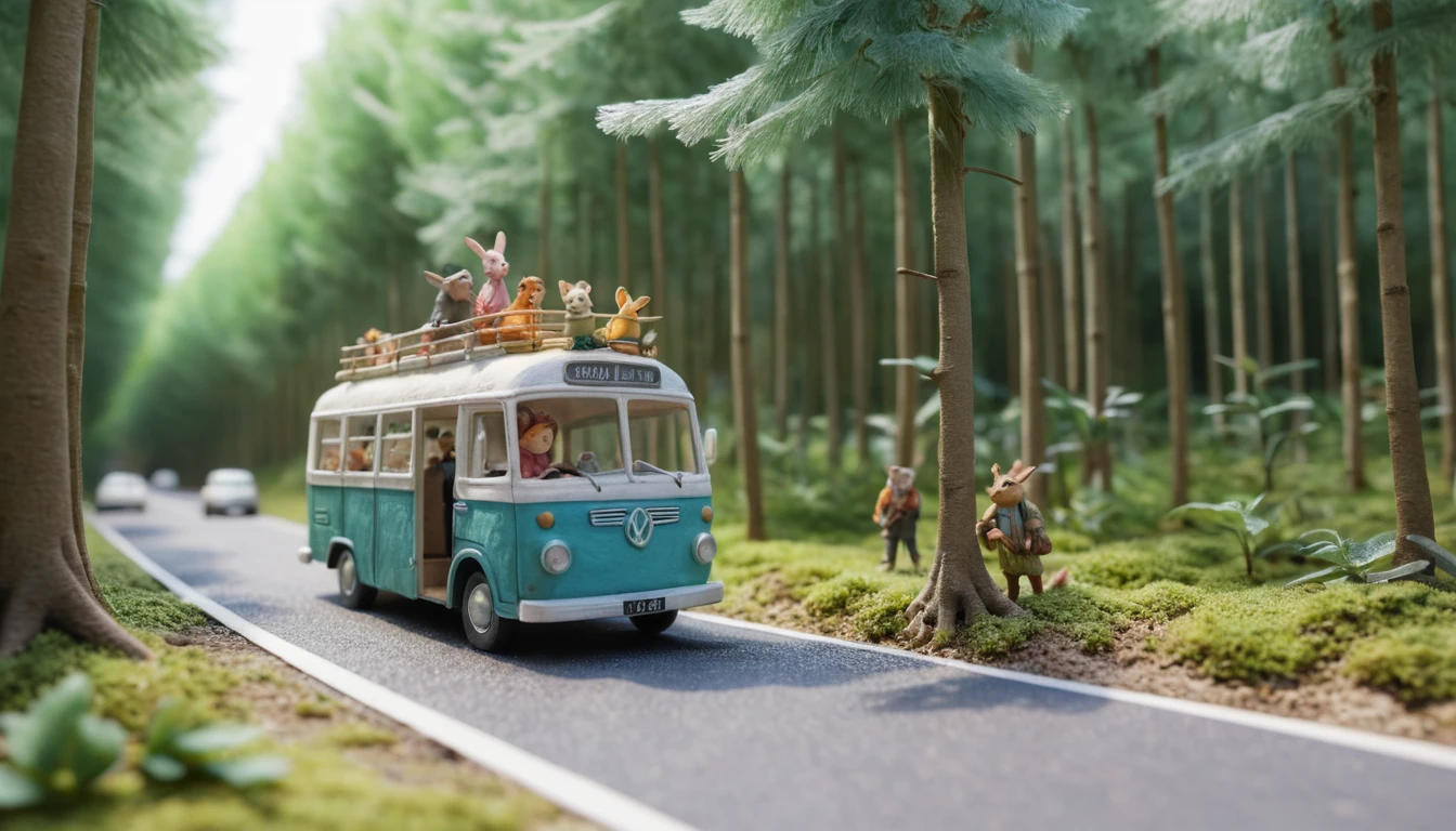 Personagens coloridos de argila em um ônibus na estrada de verão