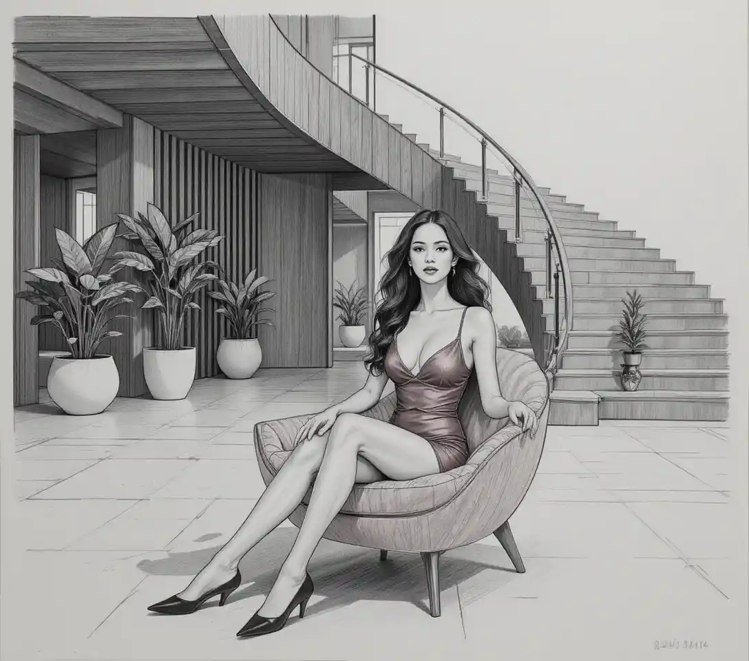 Confident woman in red dress on pink designer chair