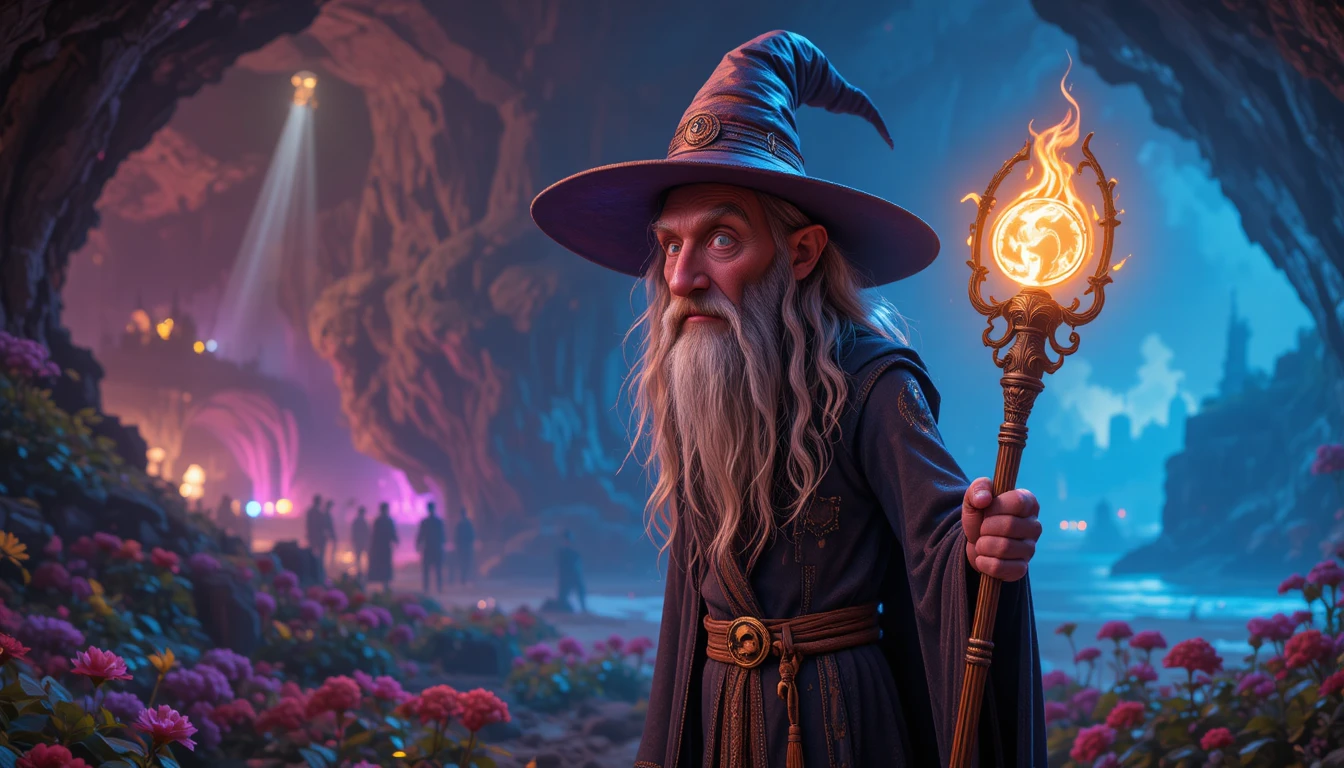 Tall grey bearded wizard with glowing staff in cave