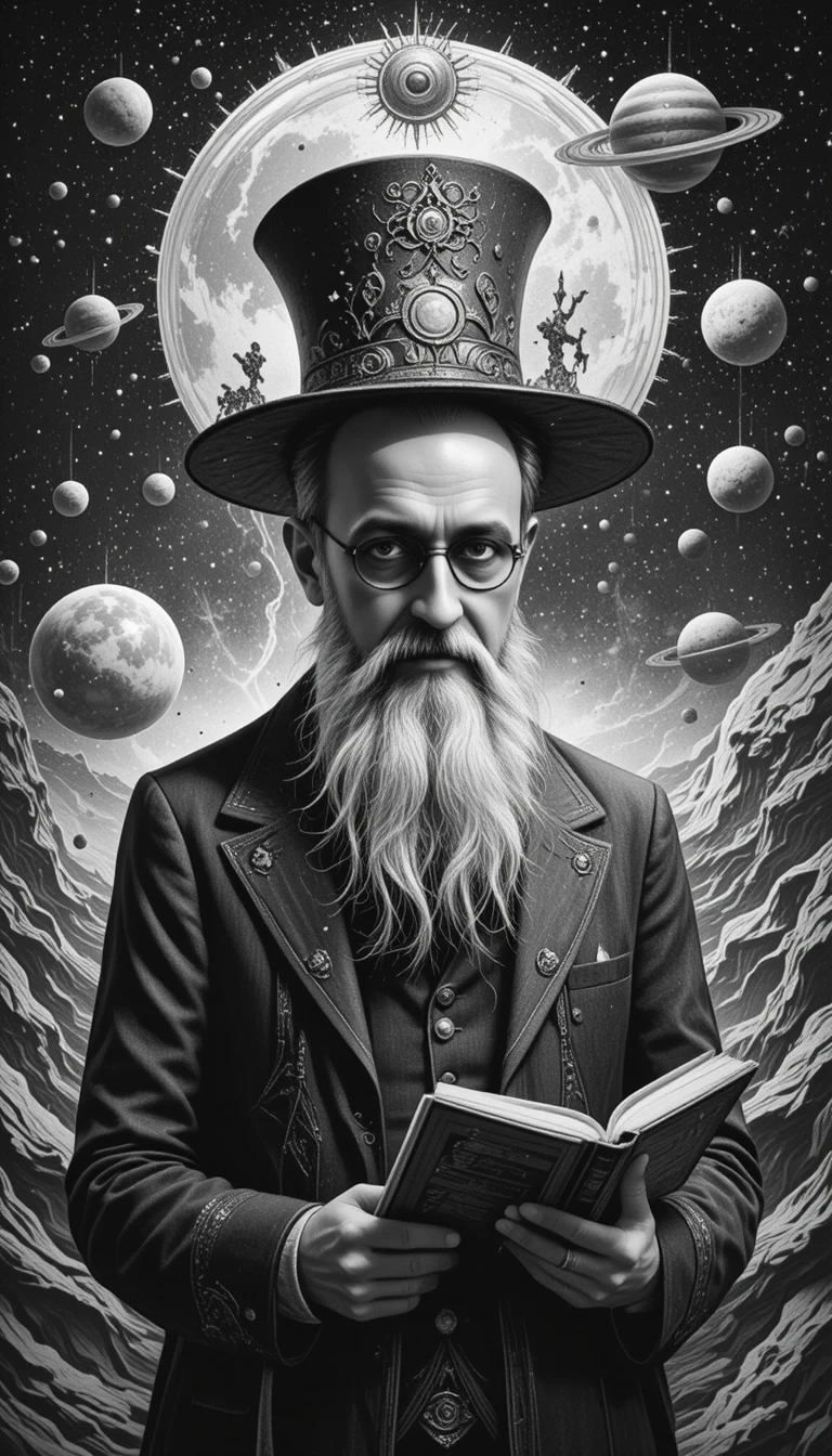 Velho surreal no espaço com planetas e livros