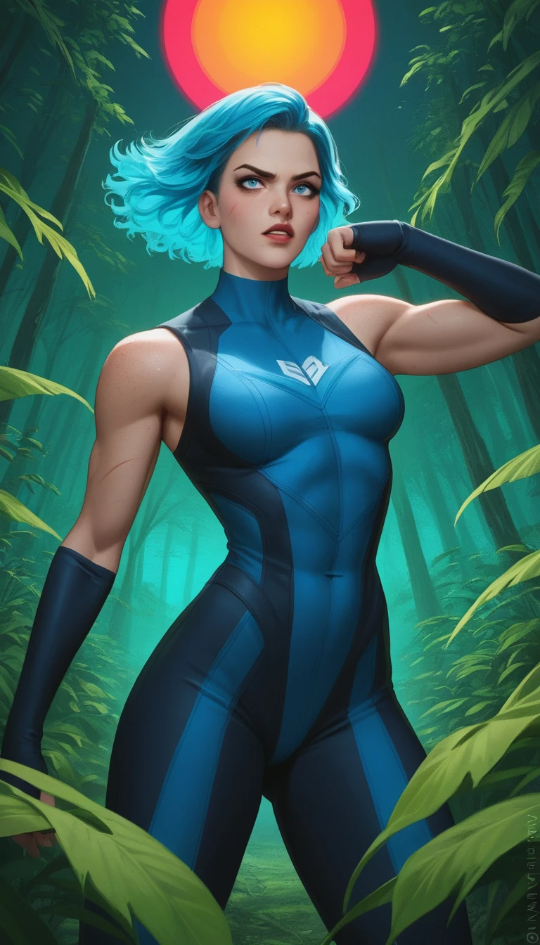 Amazonian heroine in anime style at sunset forest