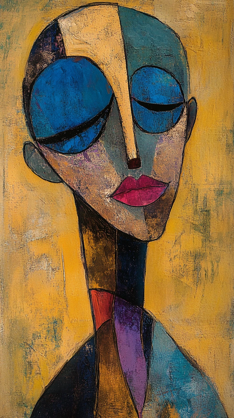 Abstract cubist portrait in warm tones with blue masked eyes