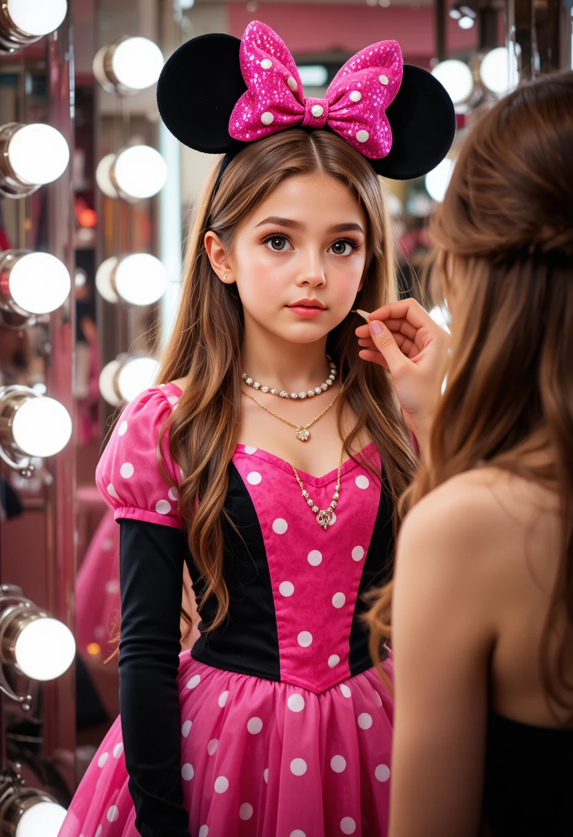 Menino de vestido da Minnie recebendo maquiagem no fundo de uma boutique