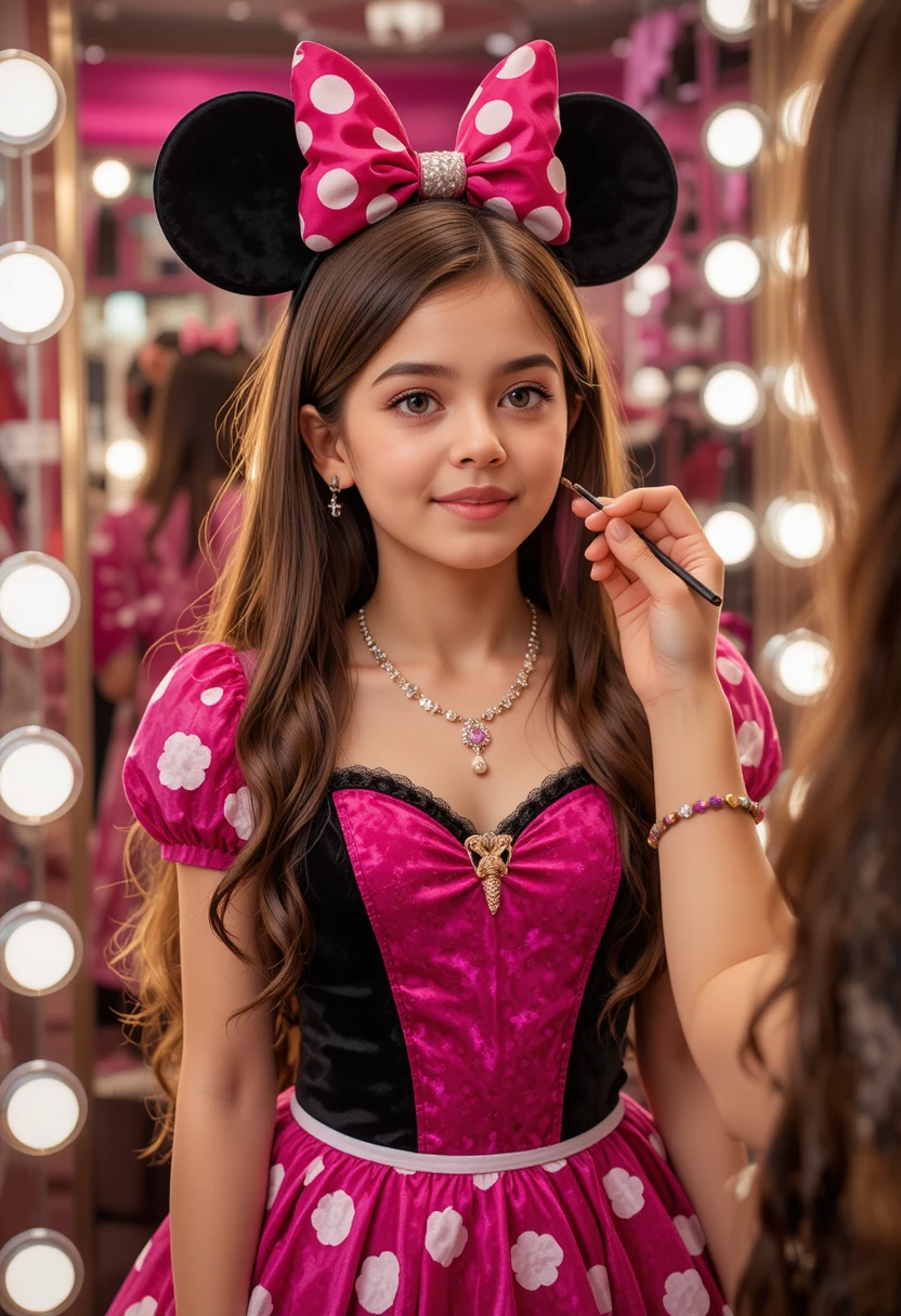 Menino usando vestido rosa da Minnie fazendo maquiagem em boutique