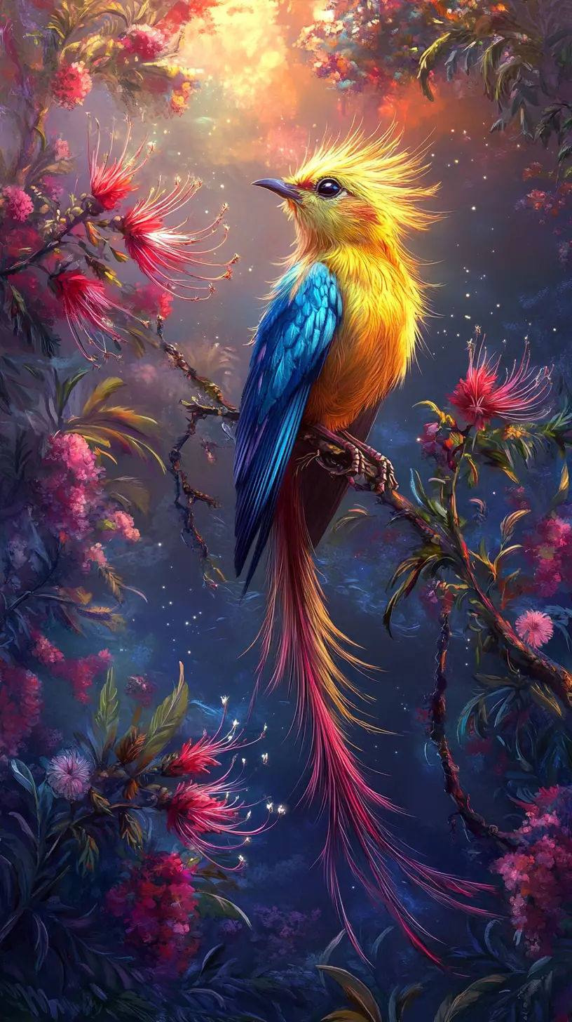 Uccellino canoro blu dorato su ramo fiorito in illustrazione fantasy