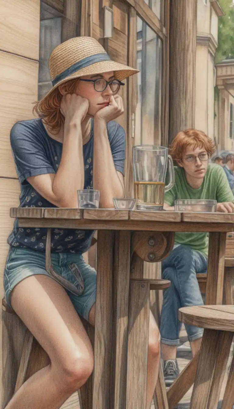 Melancholic woman at a quiet outdoor cafe table