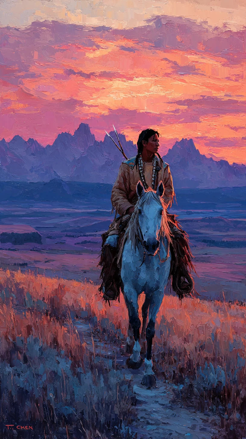 Cavaliere Lakota su un cavallo pezzato che attraversa le pianure al tramonto