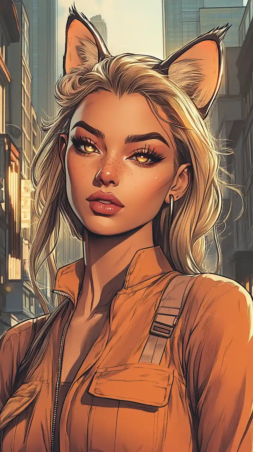 Cat eared woman in a vibrant urban fantasy illustration