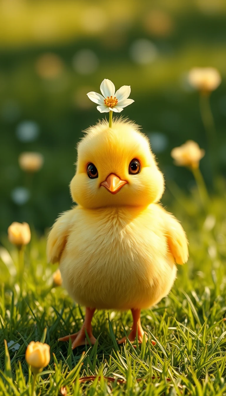 Cute yellow chick with daisy on a sunny meadow