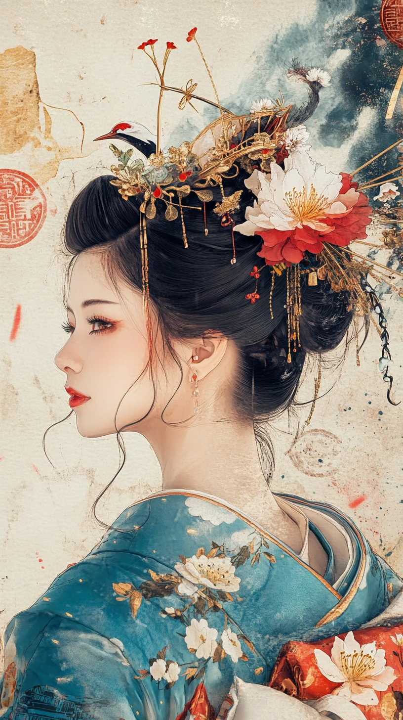 Femme élégante en kimono bleu sarcelle avec ornements floraux dans les cheveux