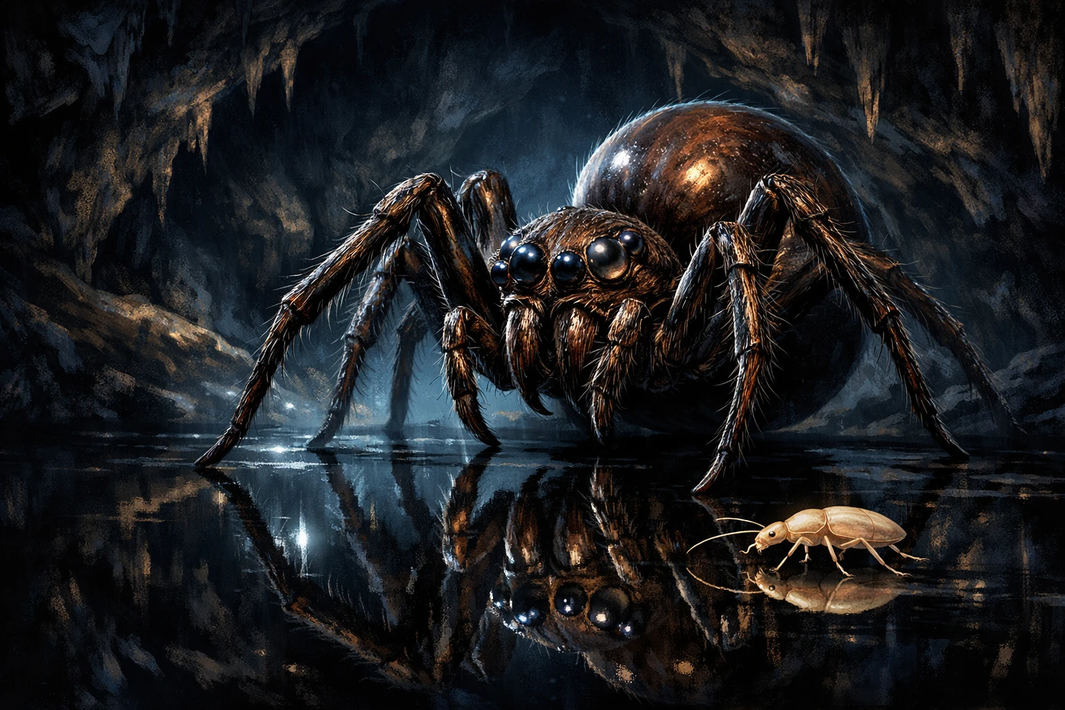 Höhlenspinne auf reflektierender schwarzer Oberfläche im dramatischen Licht