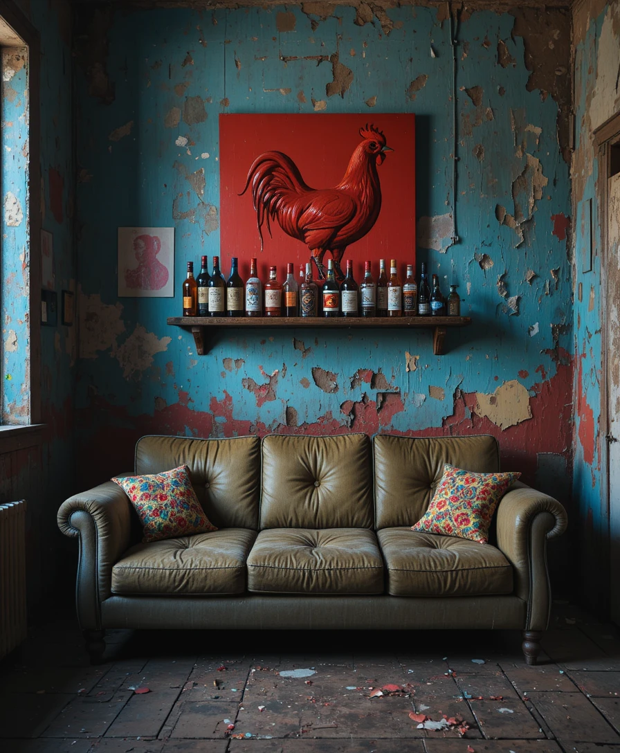 Sofá gasto sob pintura de pintinho vermelho em sala de estar escura