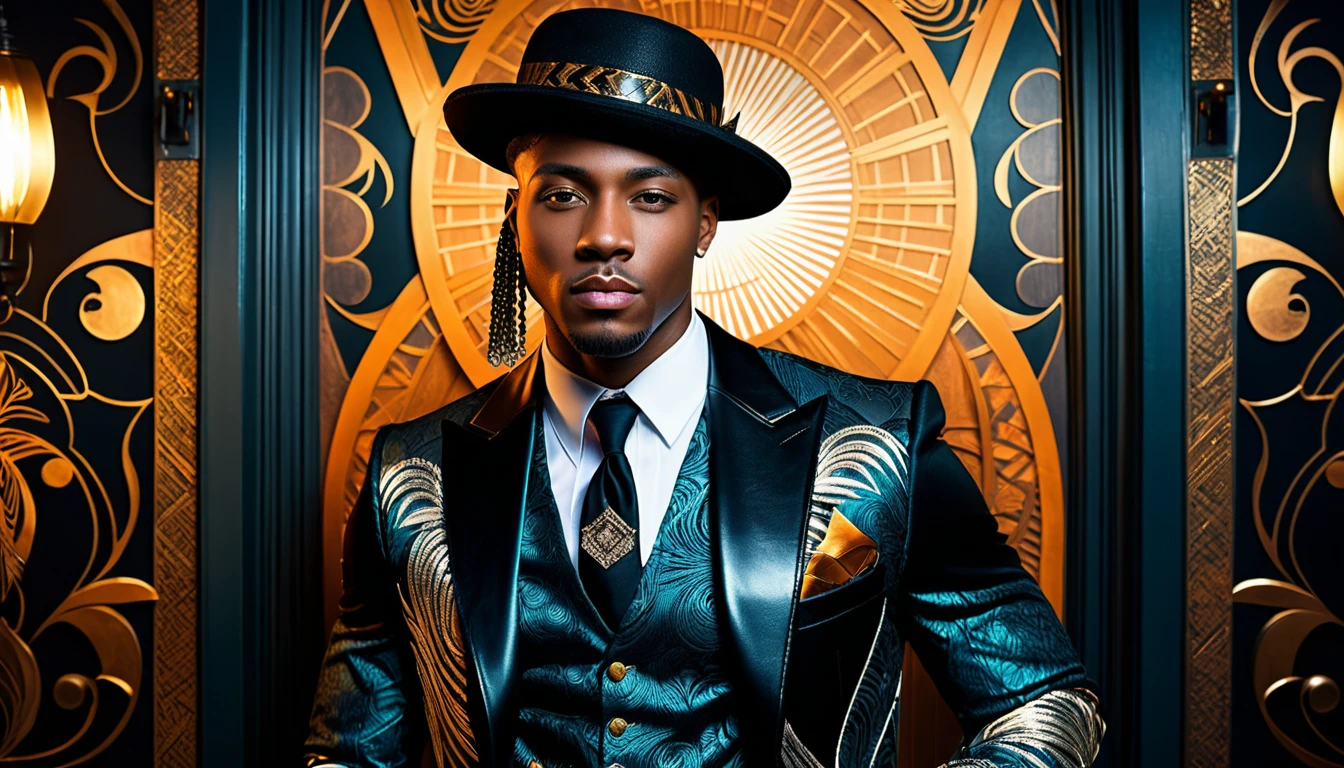 Stylish black man in surreal Harlem Renaissance punk fashion