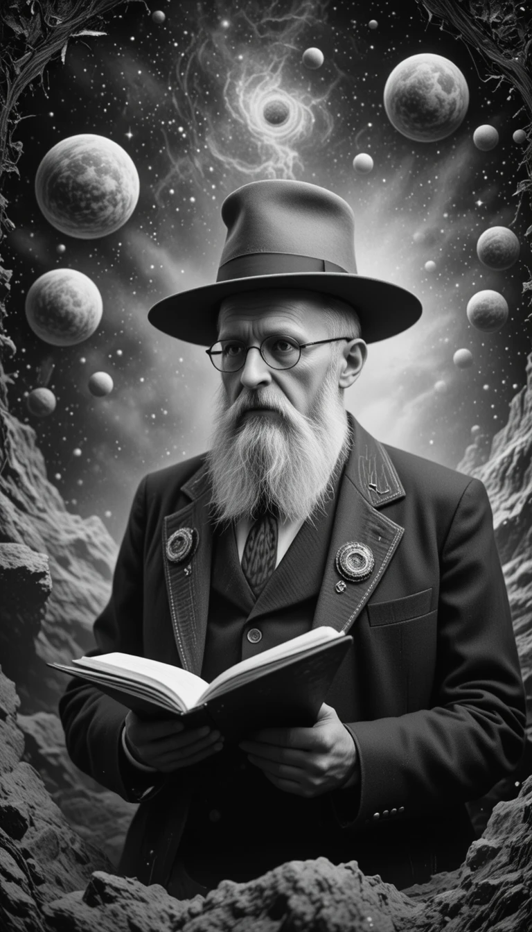 Retrato surreal de um idoso em monocromia cósmica