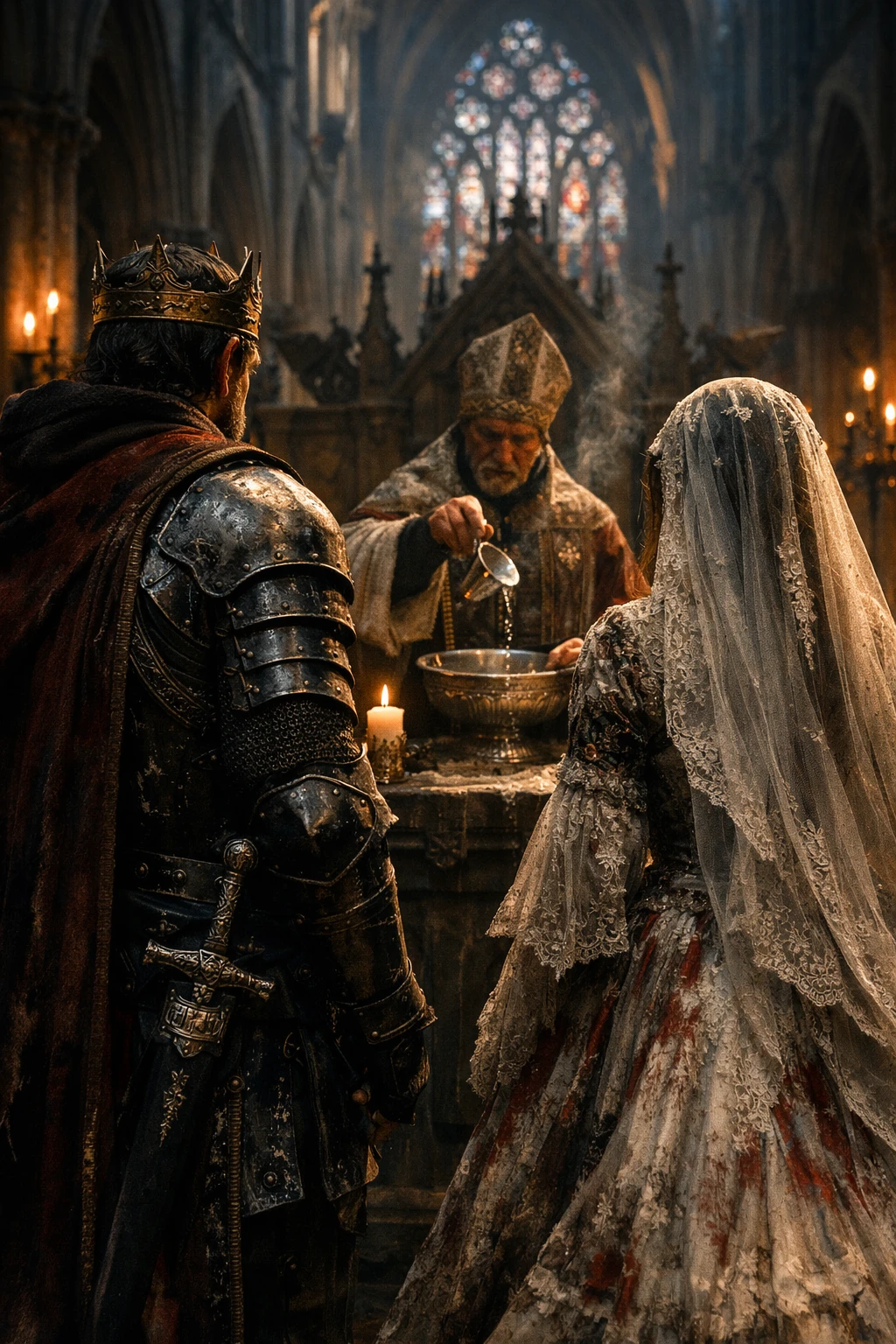 Rei e noiva diante de um altar gótico em catedral sombria
