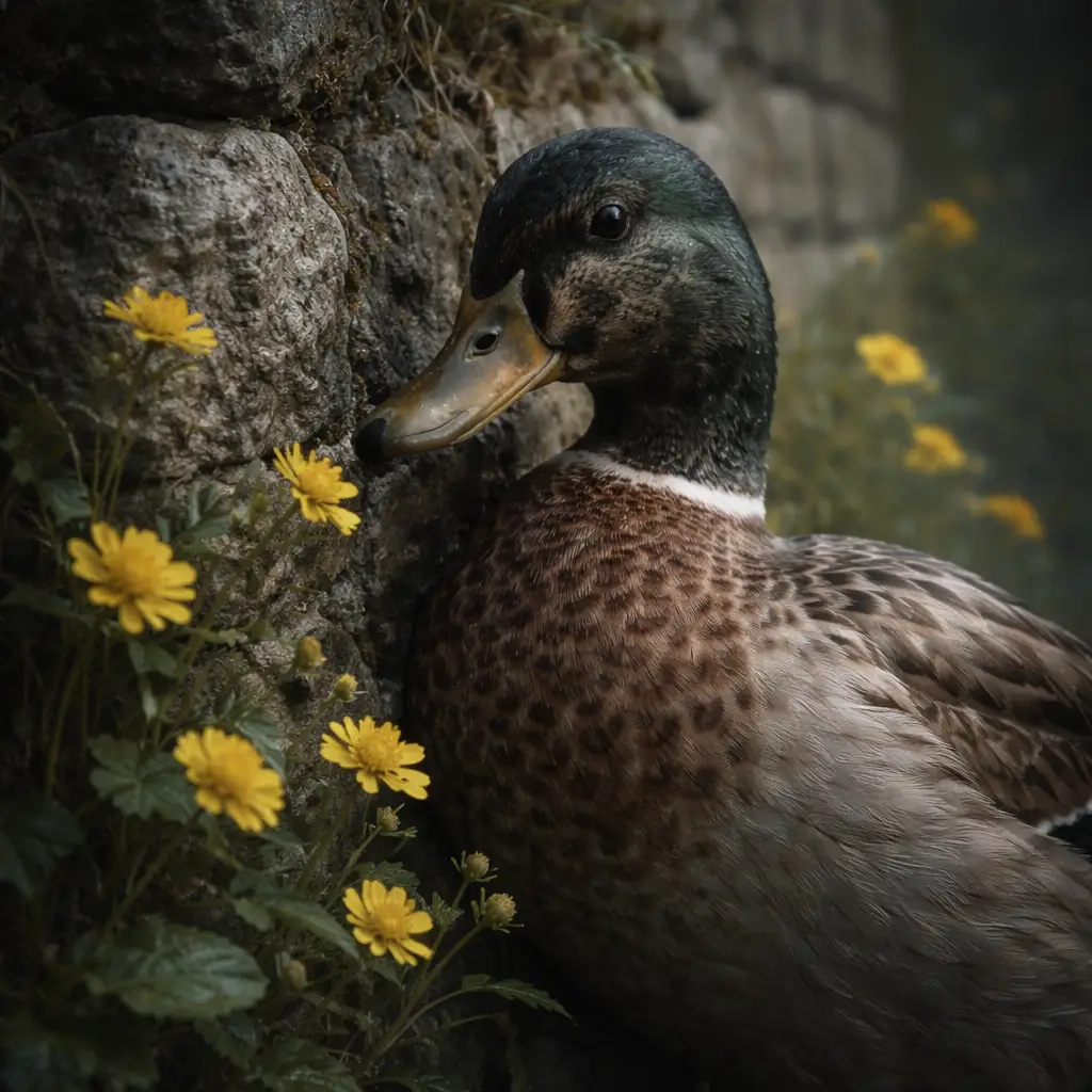 Duck beside a stone wall with bright yellow flowers