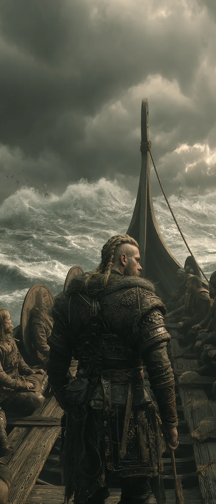 Viking king at the bow facing a raging stormy sea