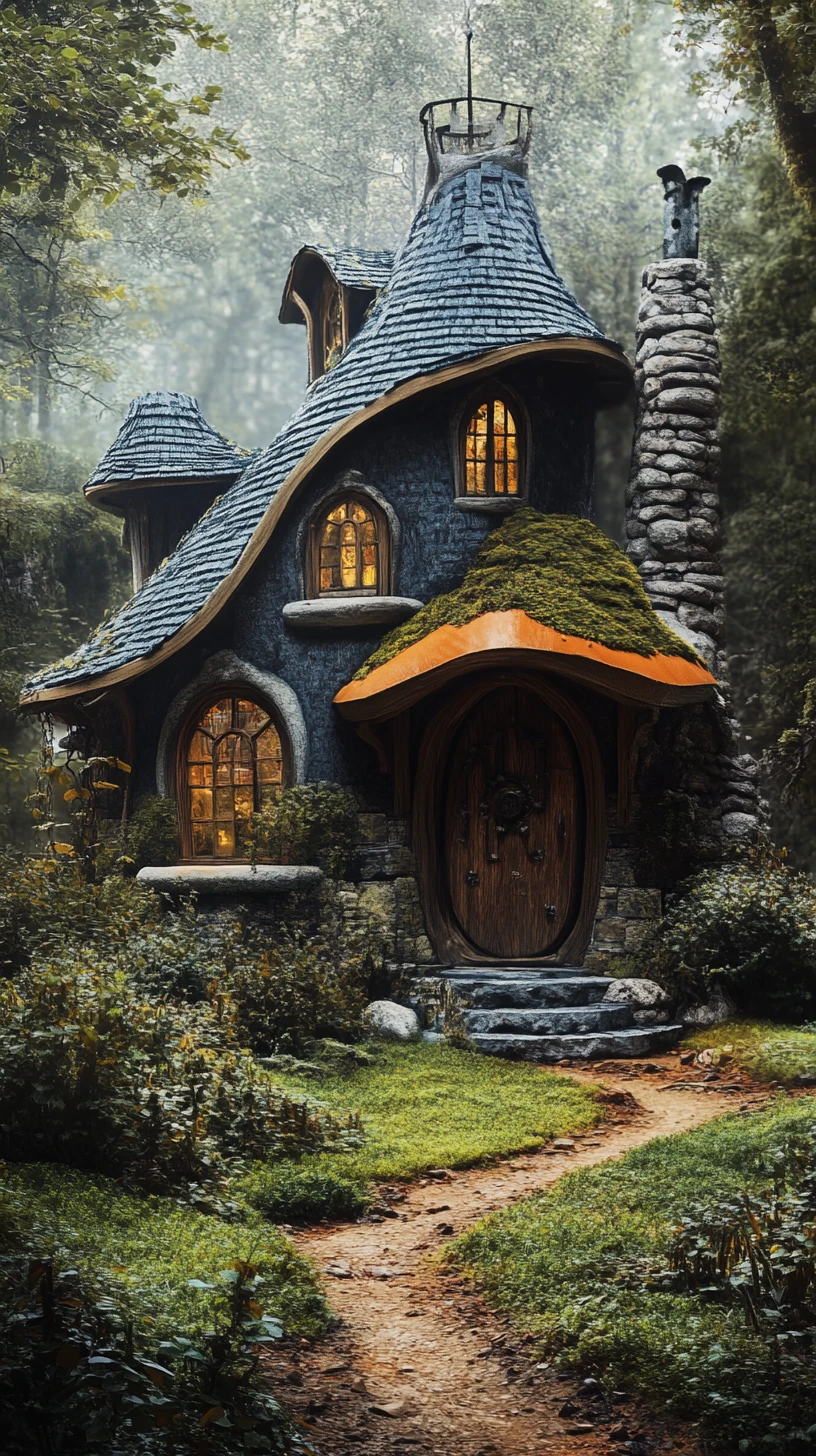 Old stone cottage with moss roof in wild garden