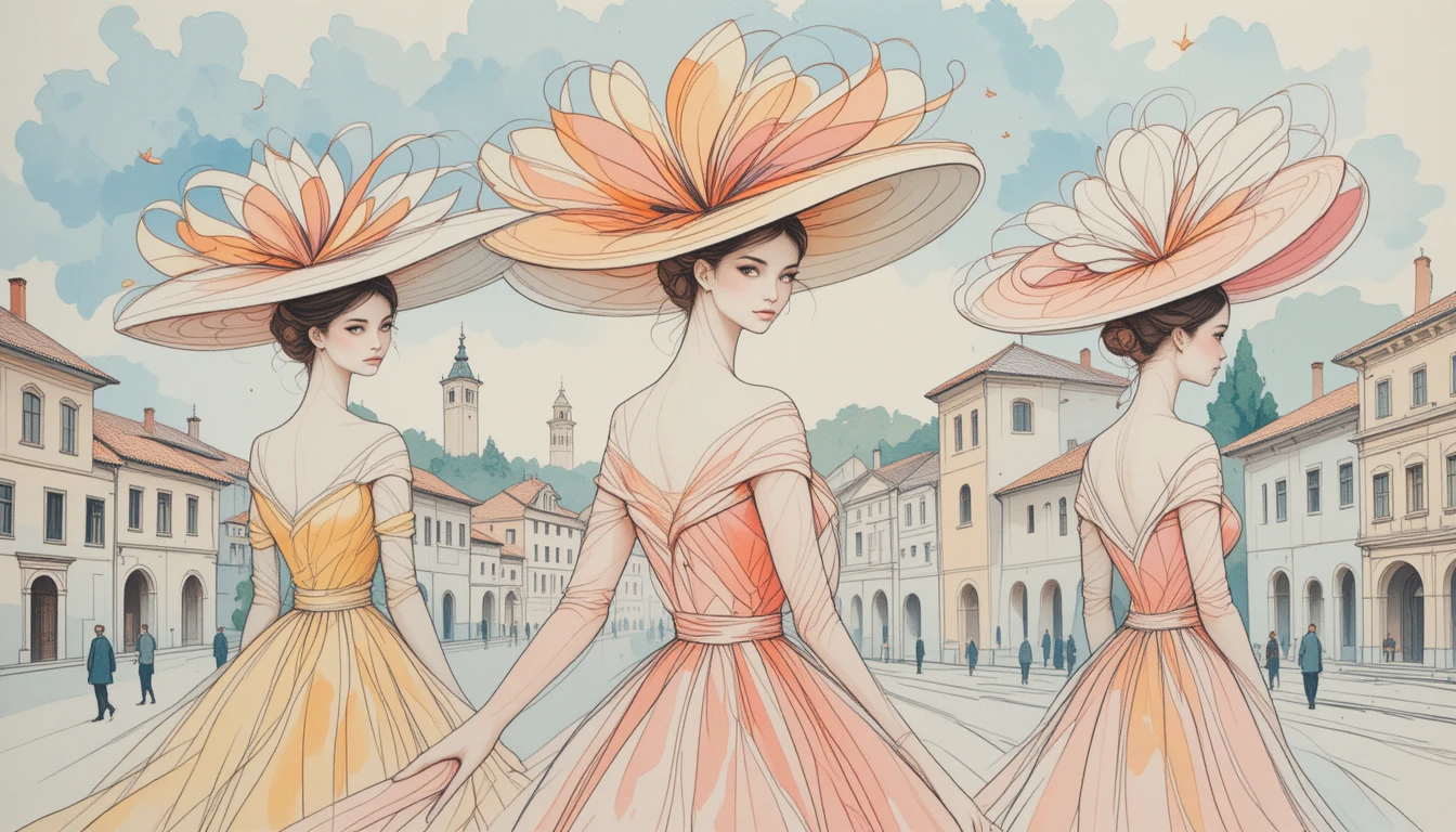 Elegante Pastell-Modefiguren in einer traumhaften Dorfszene