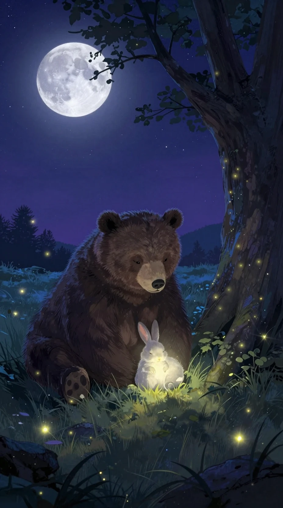 Ours doucement lumineux veillant sur un lapin endormi
