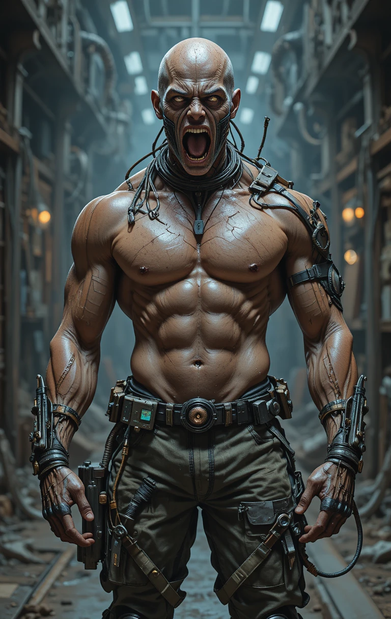 Homem ciborgue musculoso de calça camuflada em ambiente industrial