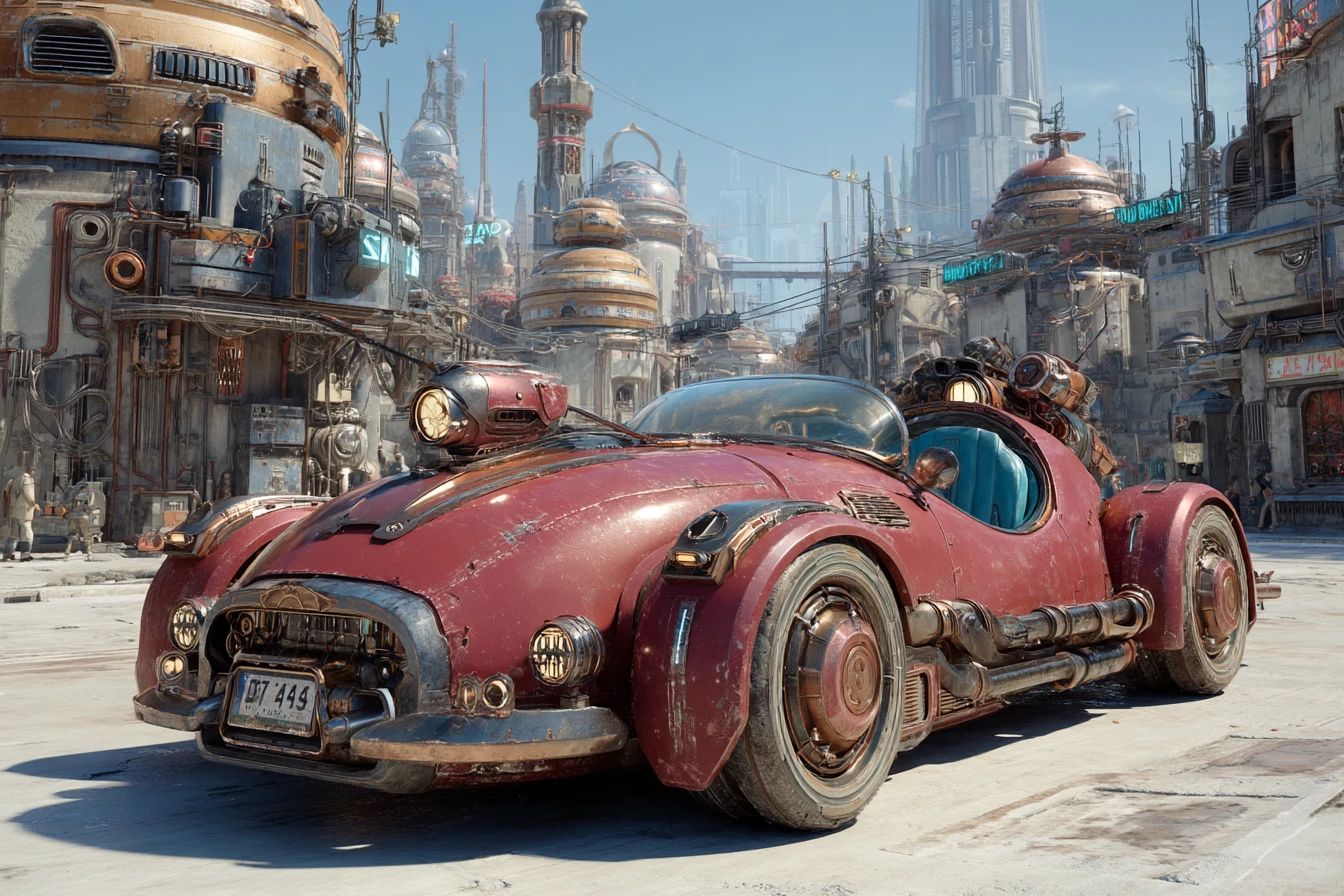 Carro steampunk retrofuturista em uma rua brilhante de cidade de ficção científica