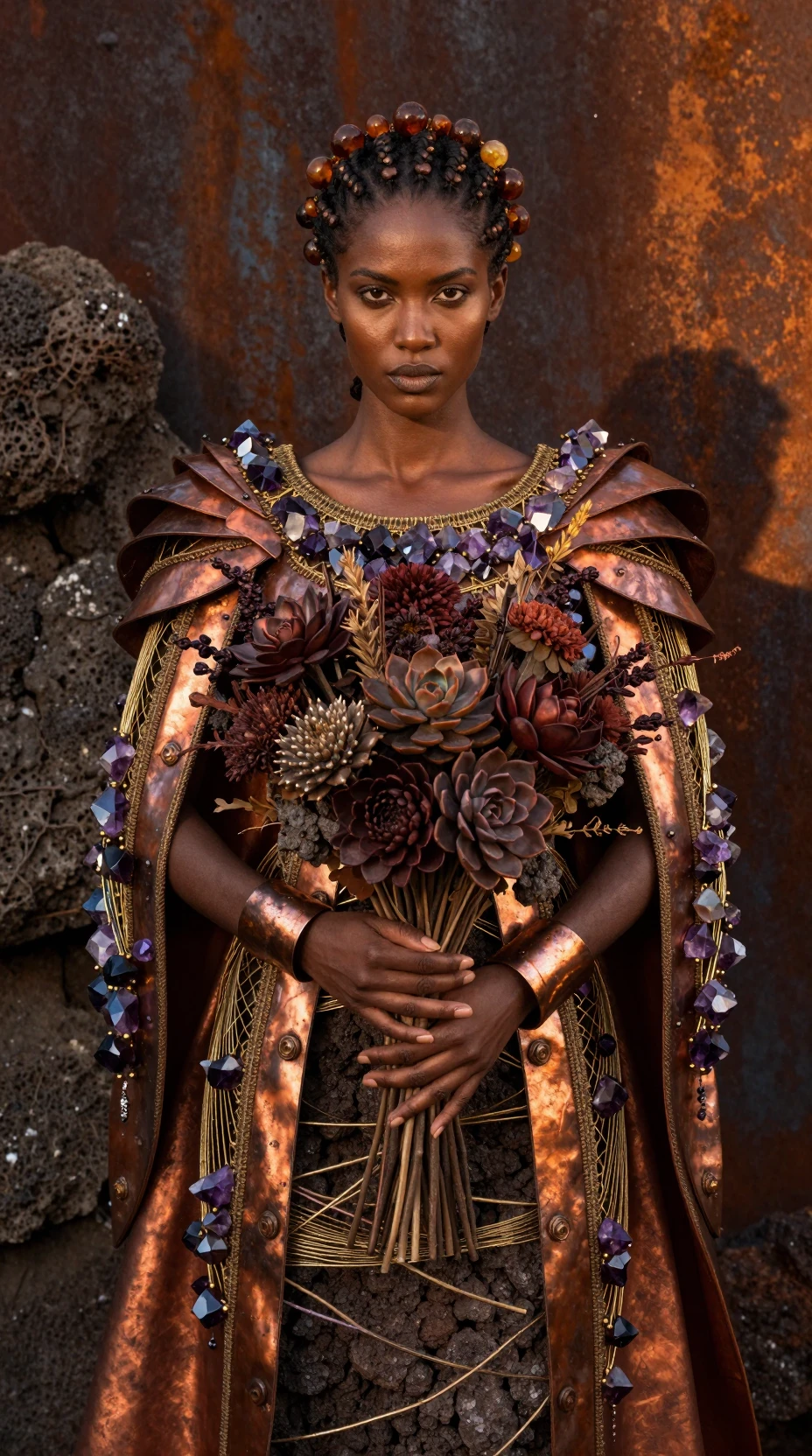 Avant garde fashion portrait of woman in metal cape
