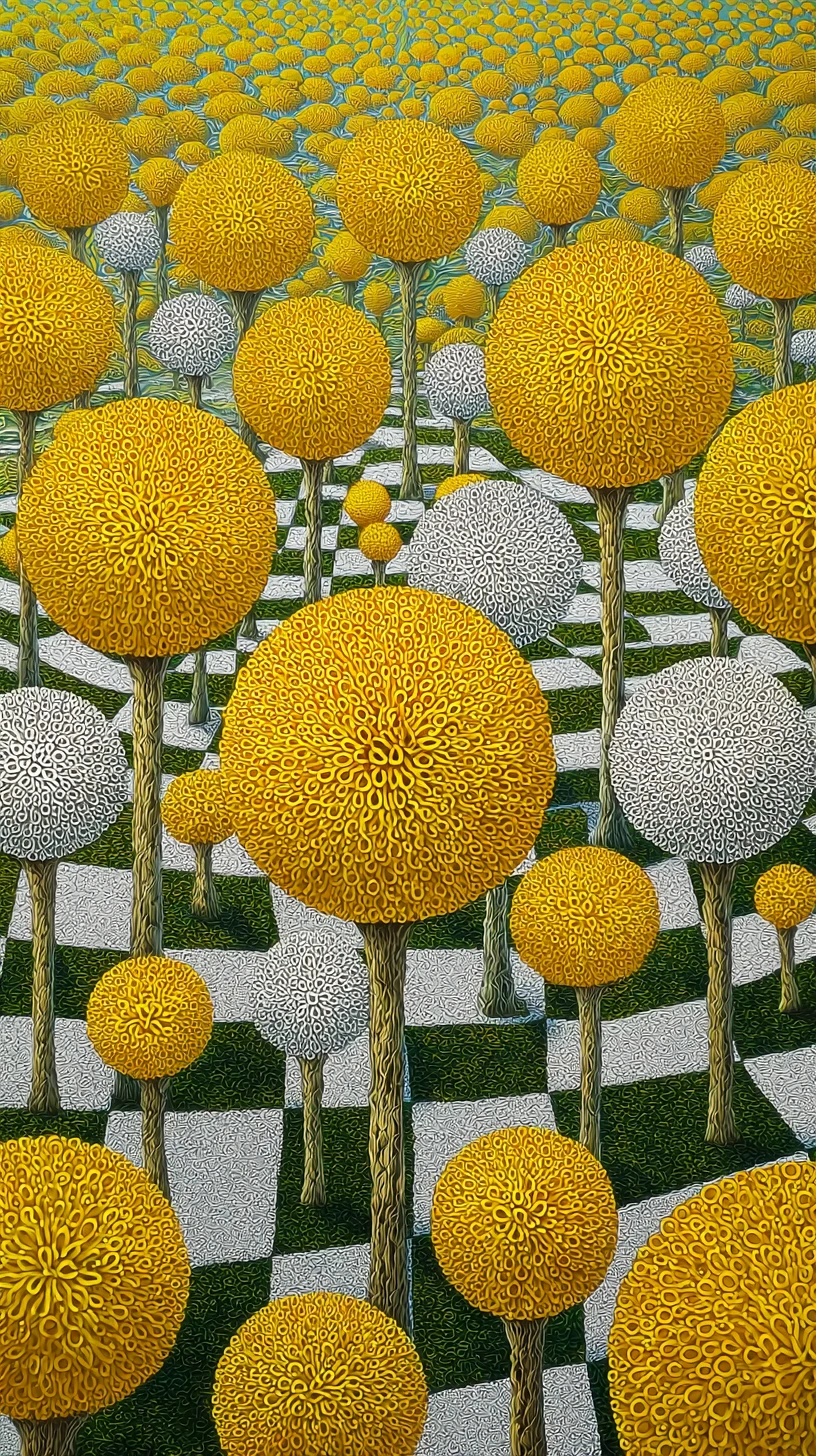 Paisagem surreal dourada com árvores de dente‑de‑leão e estrada de xadrez