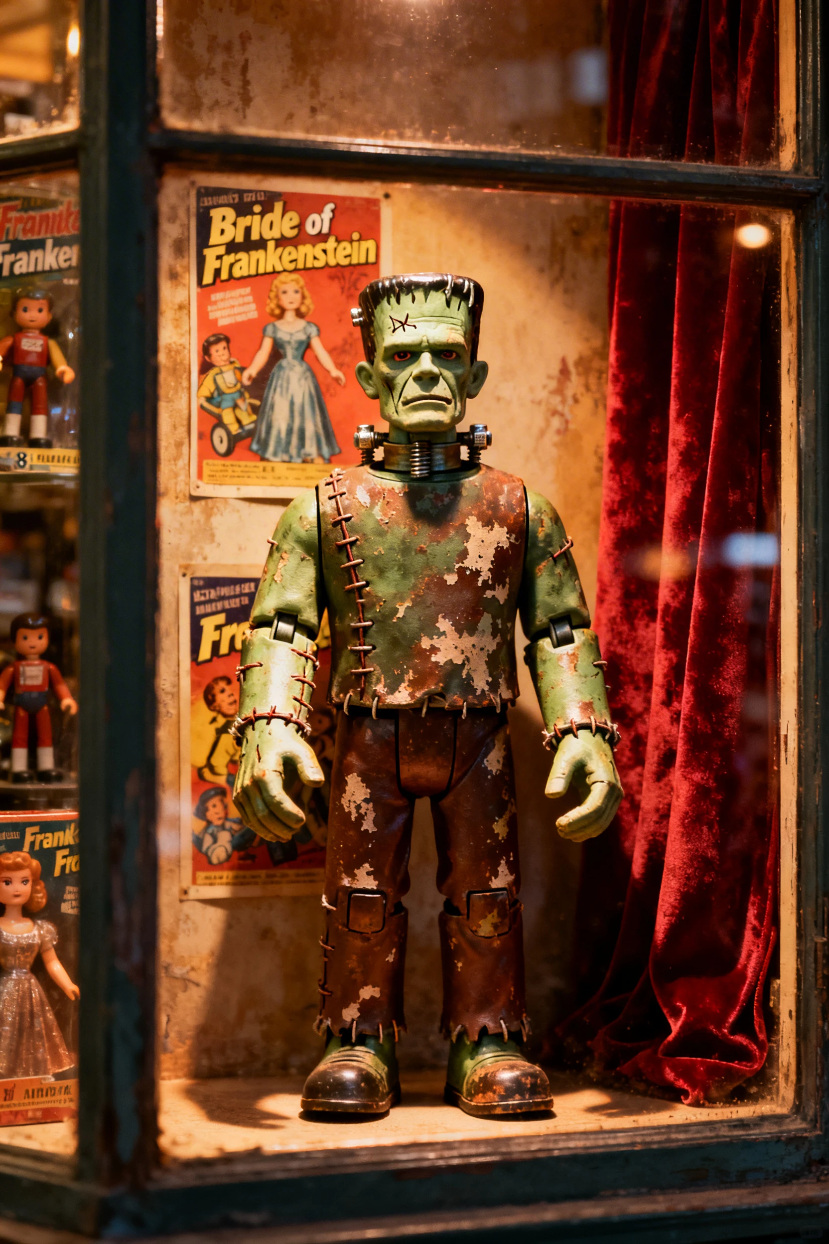 Vintage monster action figure in retro toy store window