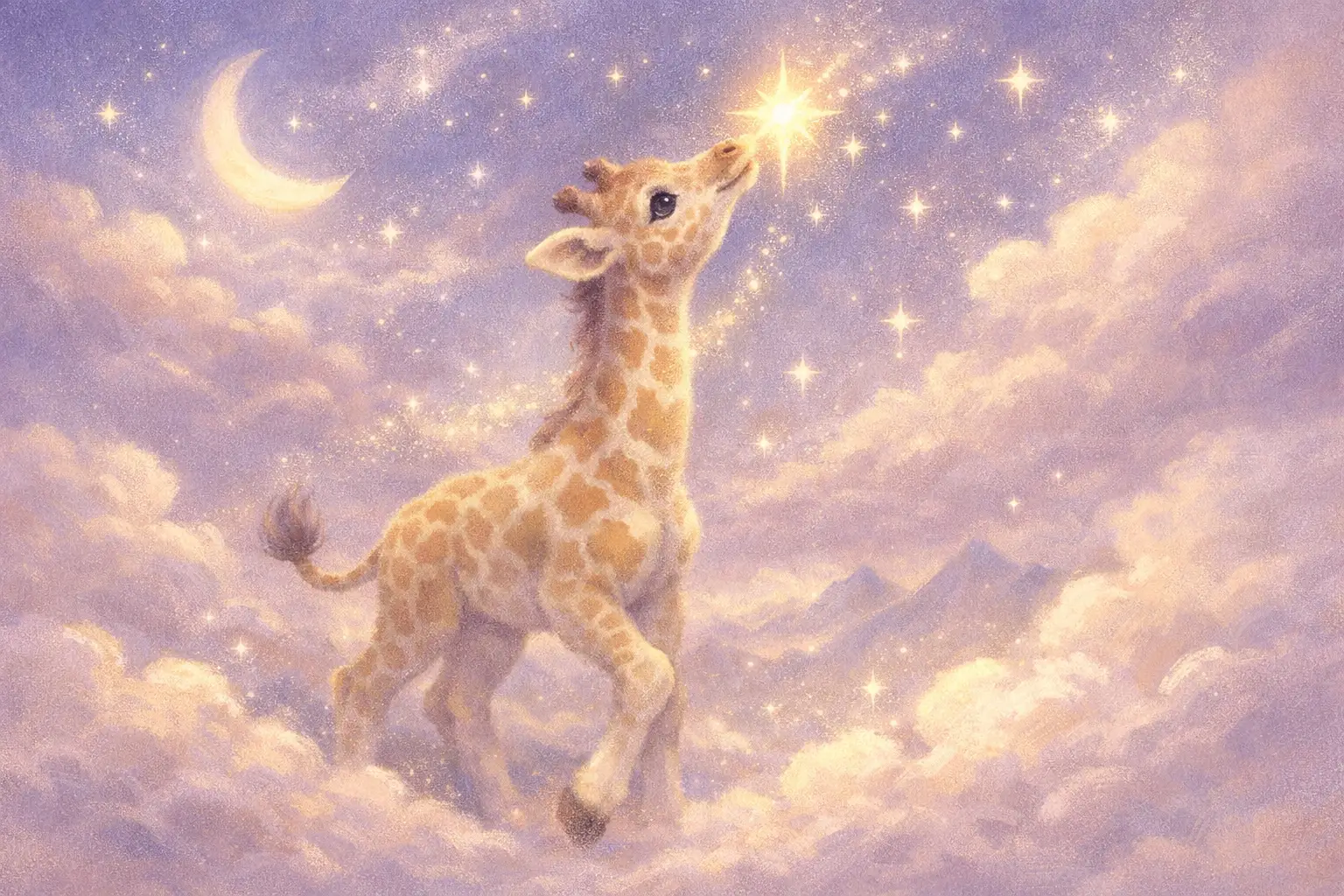 夢幻星空下伸手觸碰發光星星的小長頸鹿