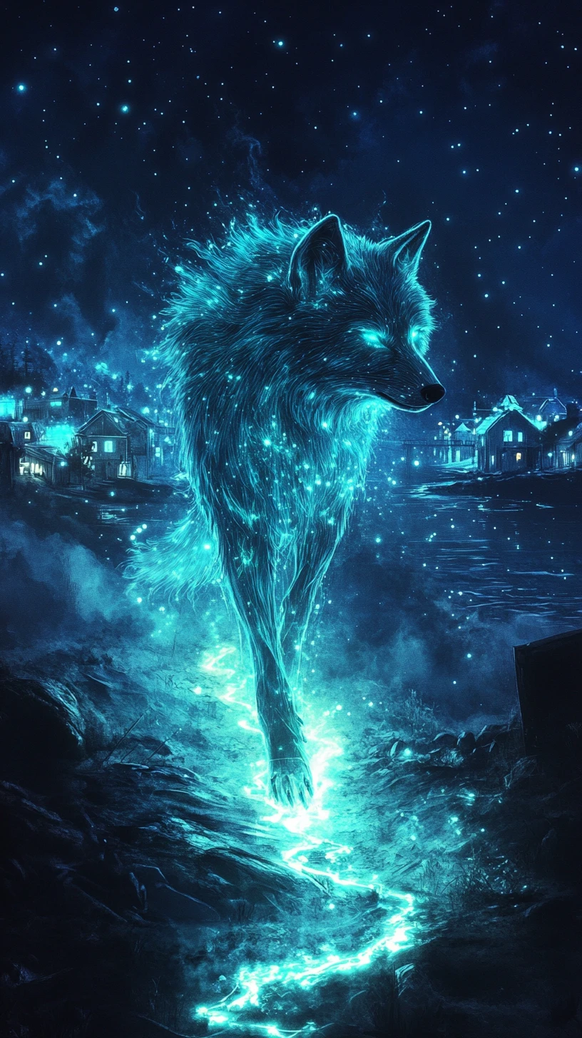 Lobo luminoso guiando um caminho costeiro brilhante à noite