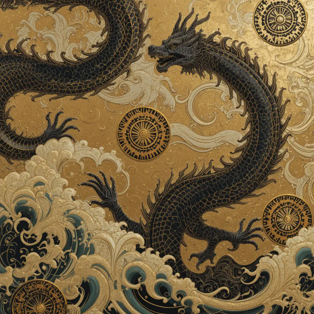 Nahaufnahme eines japanischen Gemäldes von Drachen zwischen stilisierten Wellen