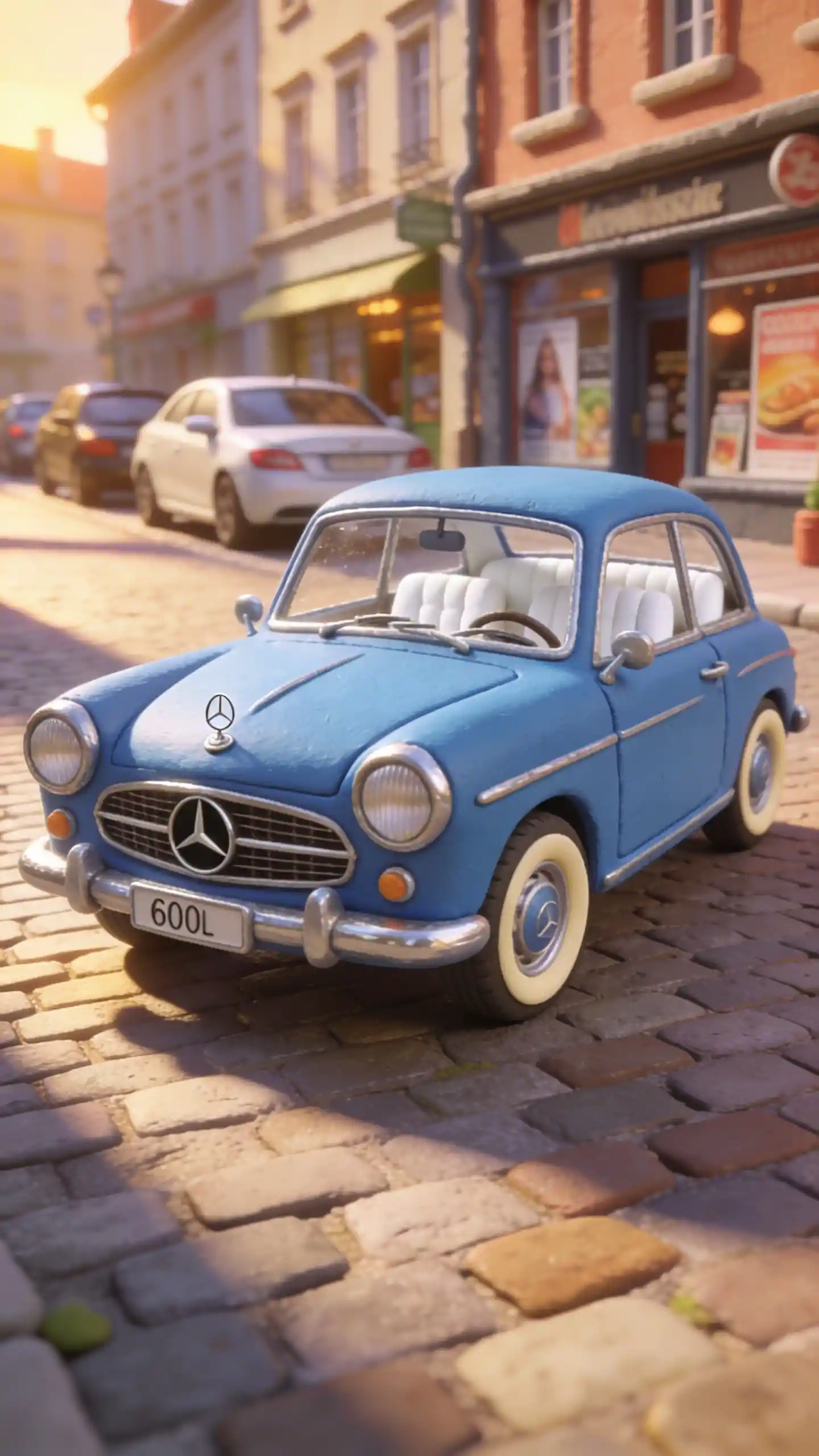 Vintage blue Mercedes microcar on cobblestone European street