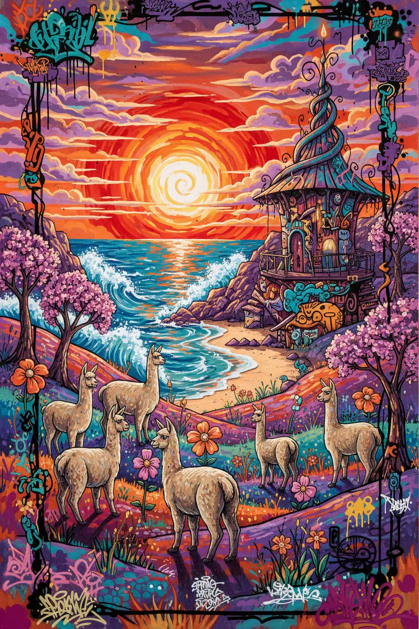寧靜春日夕陽下的海邊羊駝群