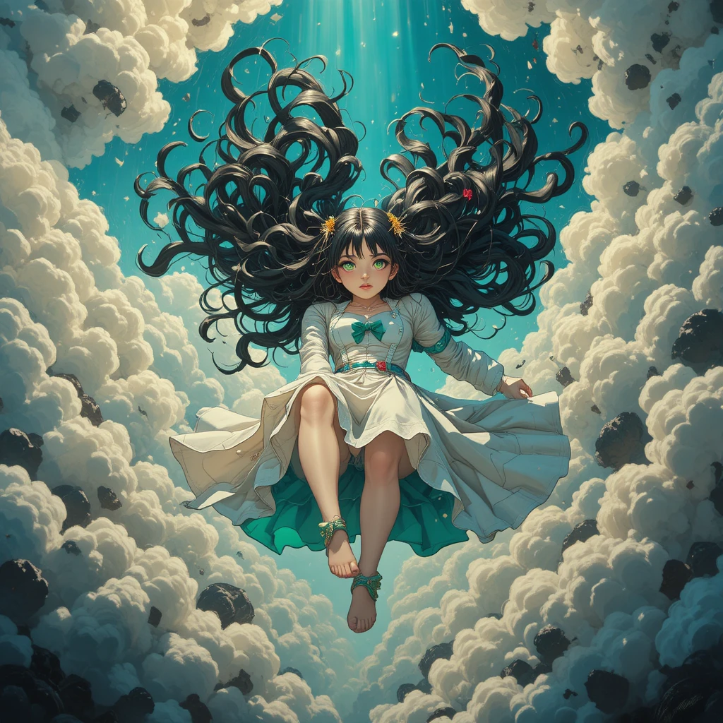 Anime girl in futuristic outfit falling through glowing clouds