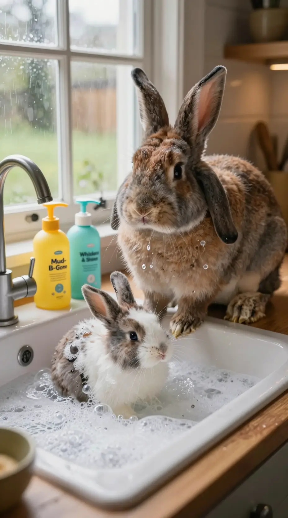 Mutterhase badet Babykaninchen im Spülbecken einer Landhausküche