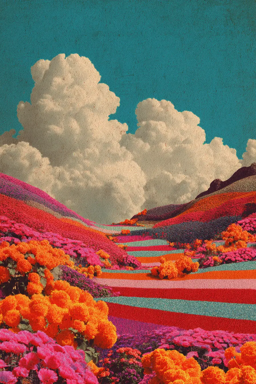 Paysage surréaliste rayé en laine colorée avec des fleurs