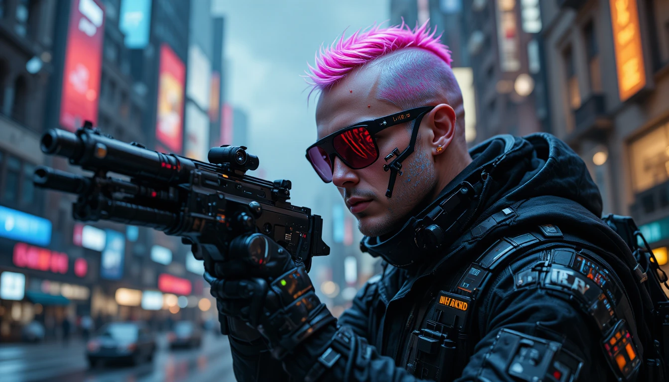 Hombre cyberpunk futurista con arma en retrato de estudio