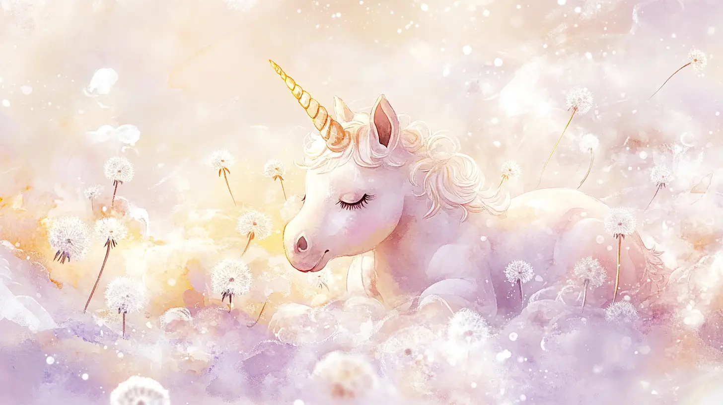 Bébé licorne se reposant parmi des pissenlits flottants en aquarelle