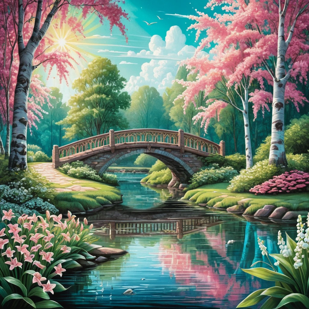 Parque de verão com bétulas, ponte e rio em cores pastéis